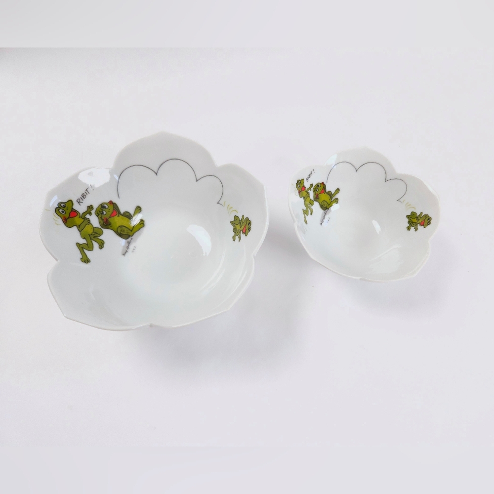 Suzy's Zoo Enesco Set Of 2 Vintage 70s Ceramic White Green Frog Lotus Bowls - Picture 3 of 14